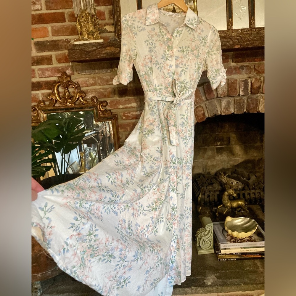 Calvin Klein Pastel Floral Cottagecore Tie-Sleeve Vtg Maxi Dress Y2K EUC